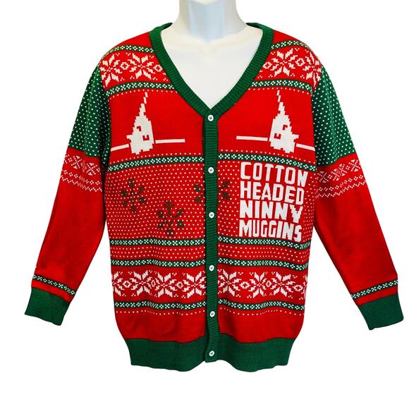 Elf The Movie Buddy COTTON HEADED NINNY MUGGINS Ugly Christmas Cardigan Size L - Picture 1 of 4
